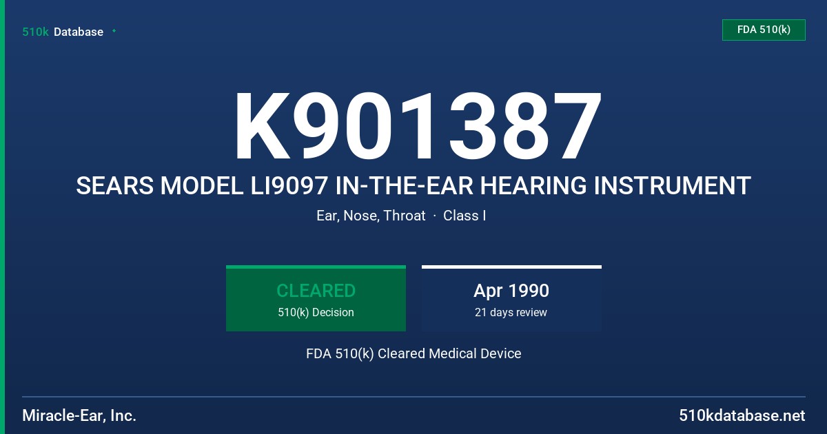 K901387 SEARS MODEL LI9097 IN-THE-EAR HEARING INSTRUMENT FDA 510(k) Cleared Medical Device