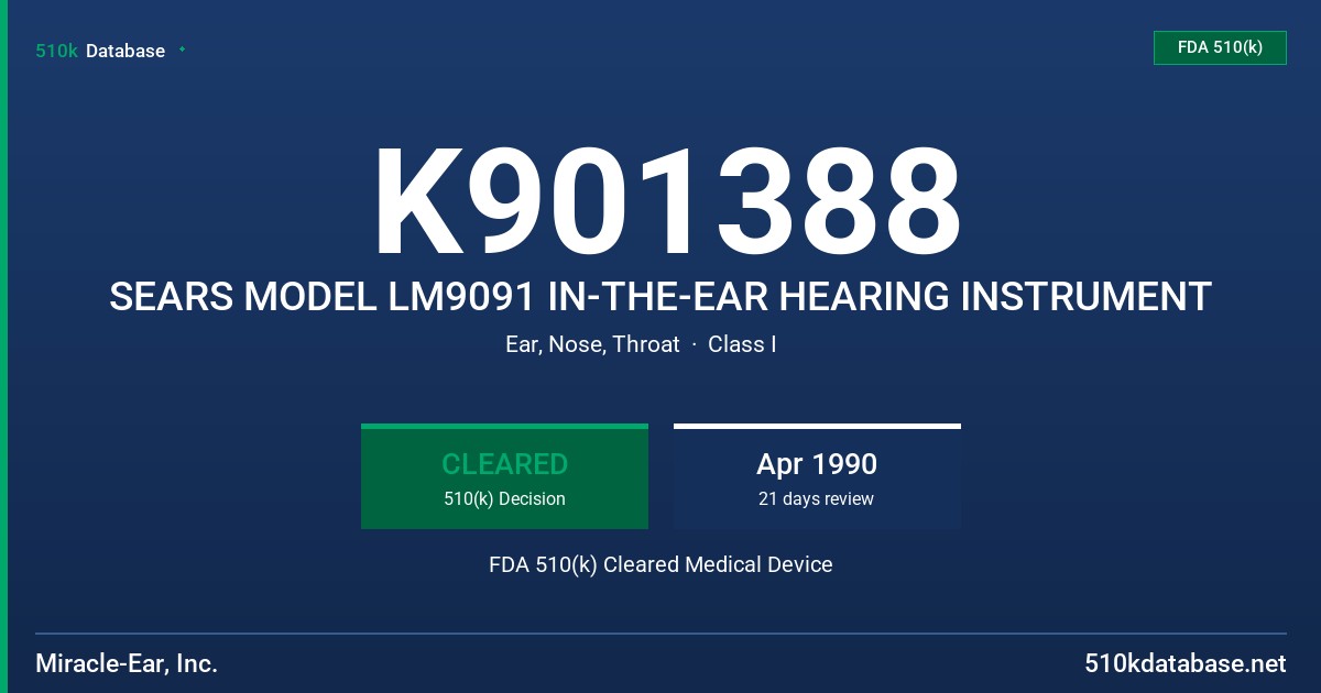K901388 SEARS MODEL LM9091 IN-THE-EAR HEARING INSTRUMENT FDA 510(k) Cleared Medical Device