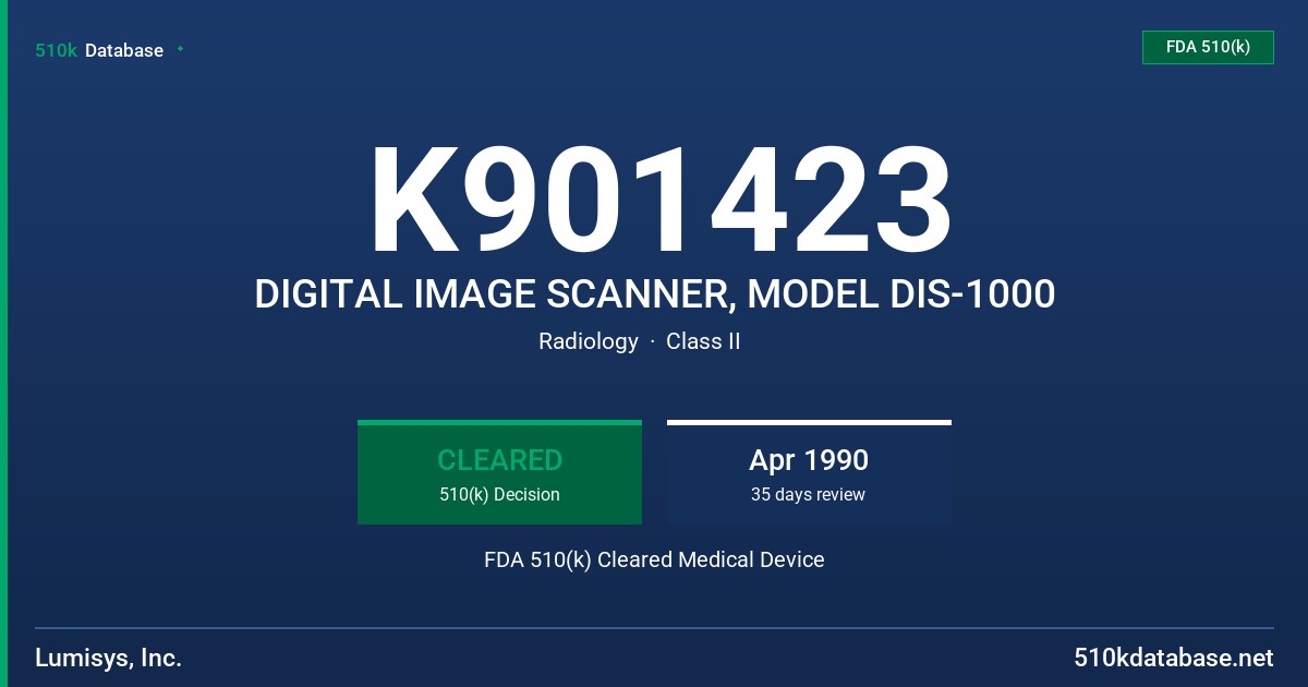 K901423 DIGITAL IMAGE SCANNER, MODEL DIS-1000 FDA 510(k) Cleared Medical Device