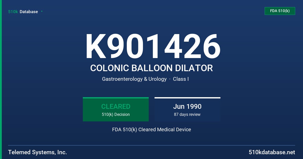 K901426 COLONIC BALLOON DILATOR FDA 510(k) Cleared Medical Device