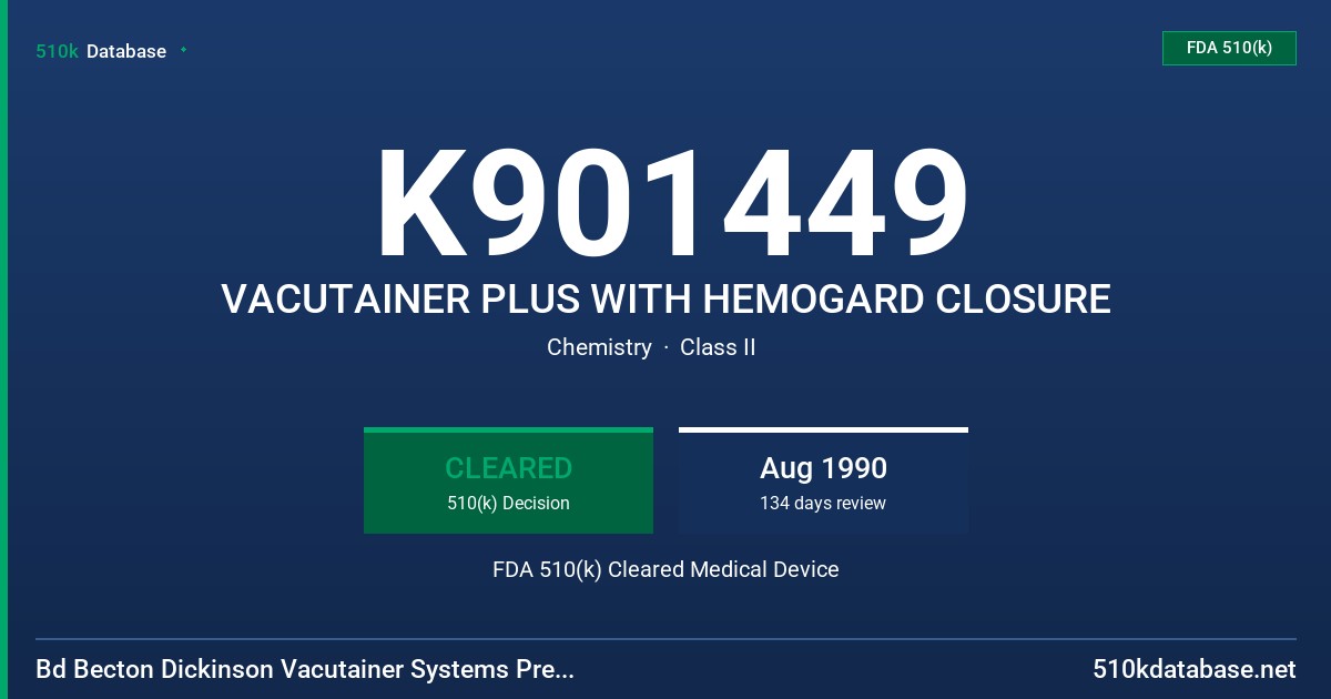 K901449 VACUTAINER PLUS WITH HEMOGARD CLOSURE FDA 510(k) Cleared Medical Device