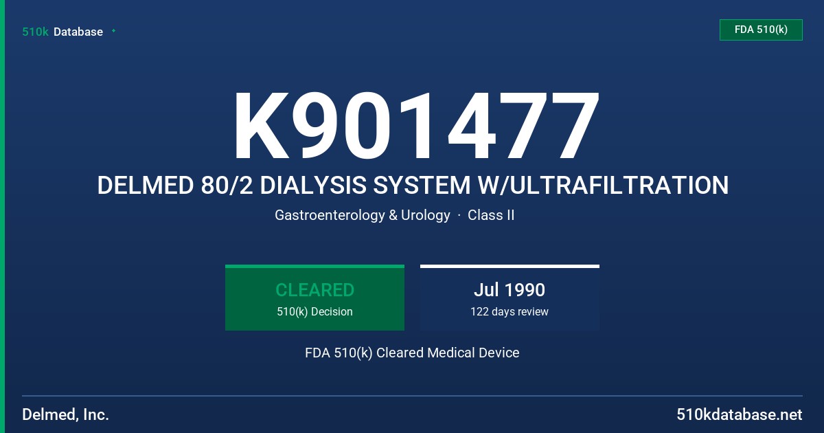 K901477 DELMED 80/2 DIALYSIS SYSTEM W/ULTRAFILTRATION FDA 510(k) Cleared Medical Device