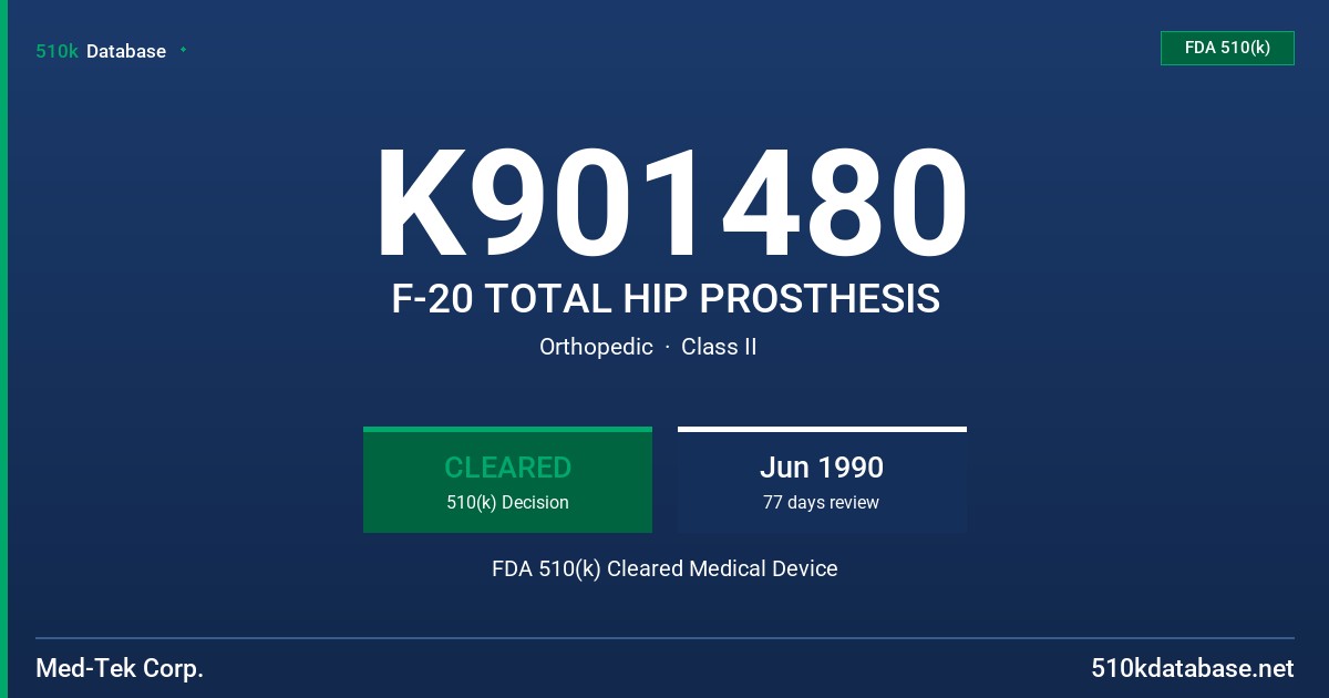 K901480 F-20 TOTAL HIP PROSTHESIS FDA 510(k) Cleared Medical Device