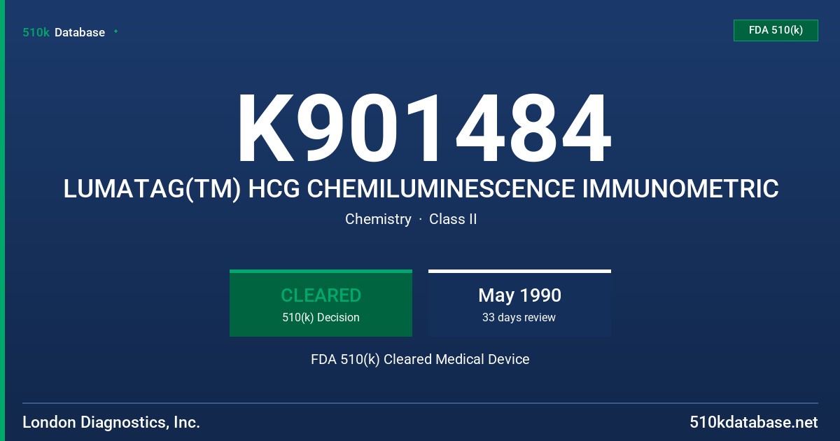 K901484 LUMATAG(TM) HCG CHEMILUMINESCENCE IMMUNOMETRIC FDA 510(k) Cleared Medical Device