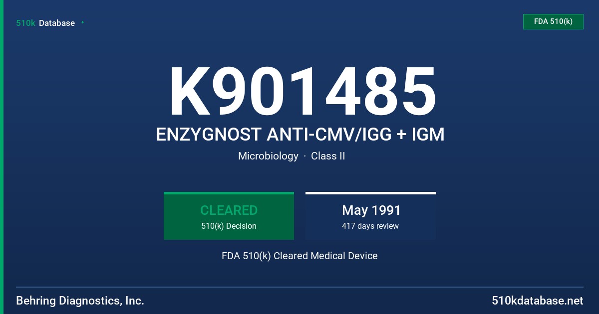 K901485 ENZYGNOST ANTI-CMV/IGG + IGM FDA 510(k) Cleared Medical Device