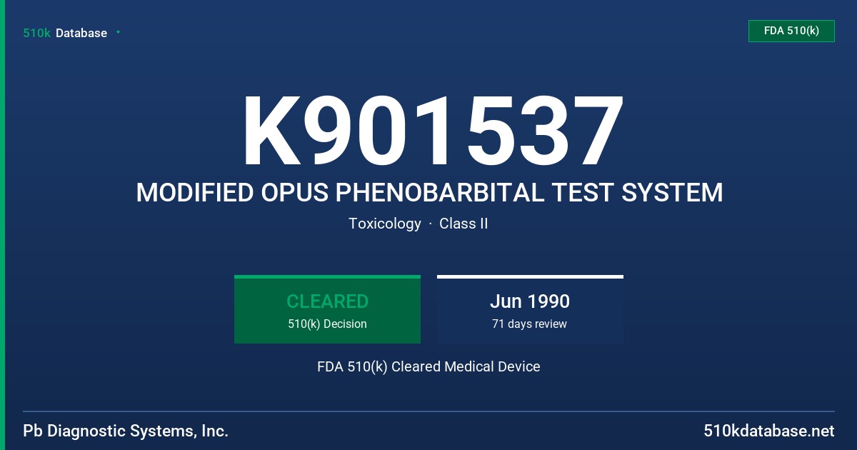 K901537 MODIFIED OPUS PHENOBARBITAL TEST SYSTEM FDA 510(k) Cleared Medical Device