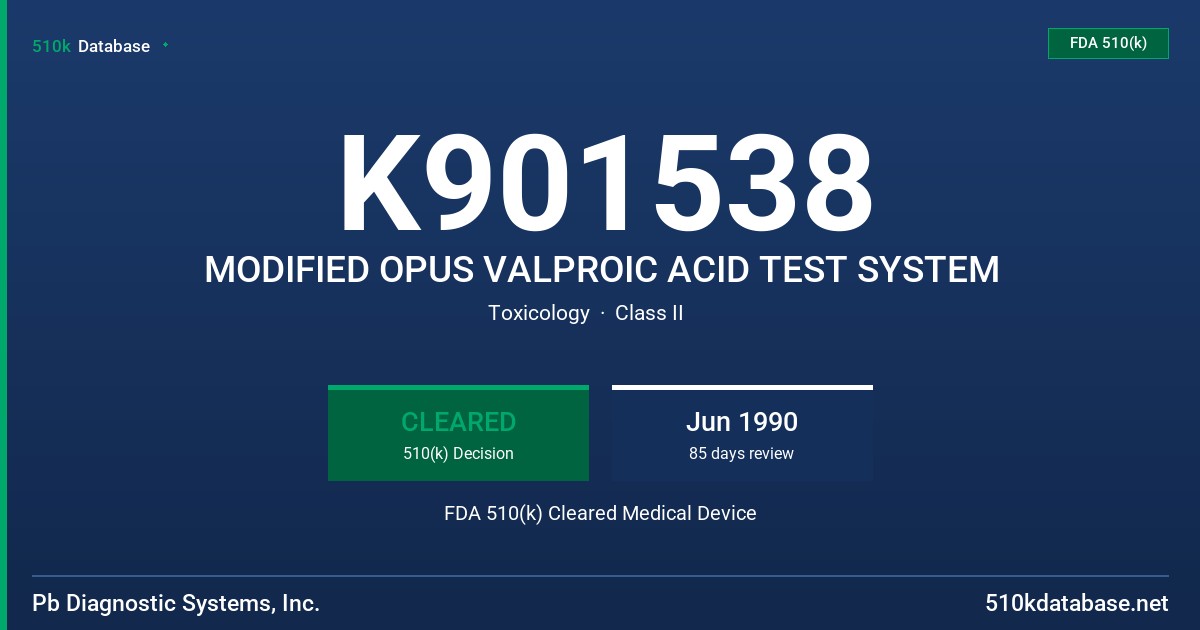 K901538 MODIFIED OPUS VALPROIC ACID TEST SYSTEM FDA 510(k) Cleared Medical Device