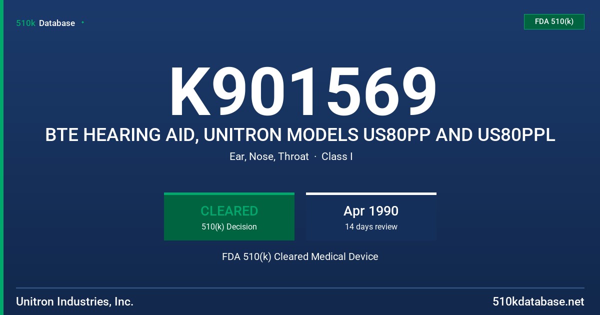 K901569 BTE HEARING AID, UNITRON MODELS US80PP AND US80PPL FDA 510(k) Cleared Medical Device