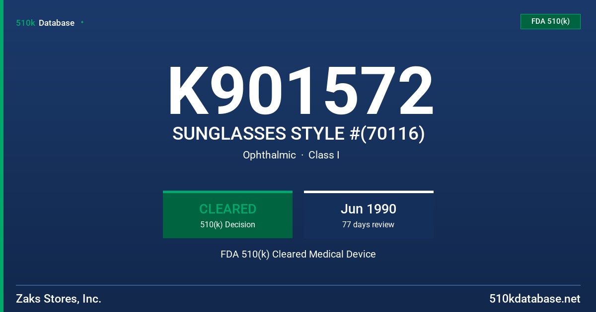 K901572 SUNGLASSES STYLE #(70116) FDA 510(k) Cleared Medical Device