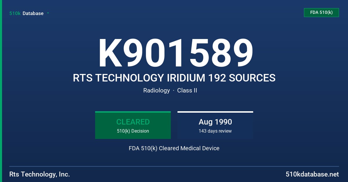 K901589 RTS TECHNOLOGY IRIDIUM 192 SOURCES FDA 510(k) Cleared Medical Device