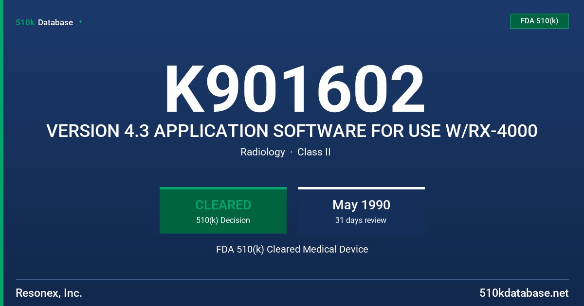 K901602 VERSION 4.3 APPLICATION SOFTWARE FOR USE W/RX-4000 FDA 510(k) Cleared Medical Device