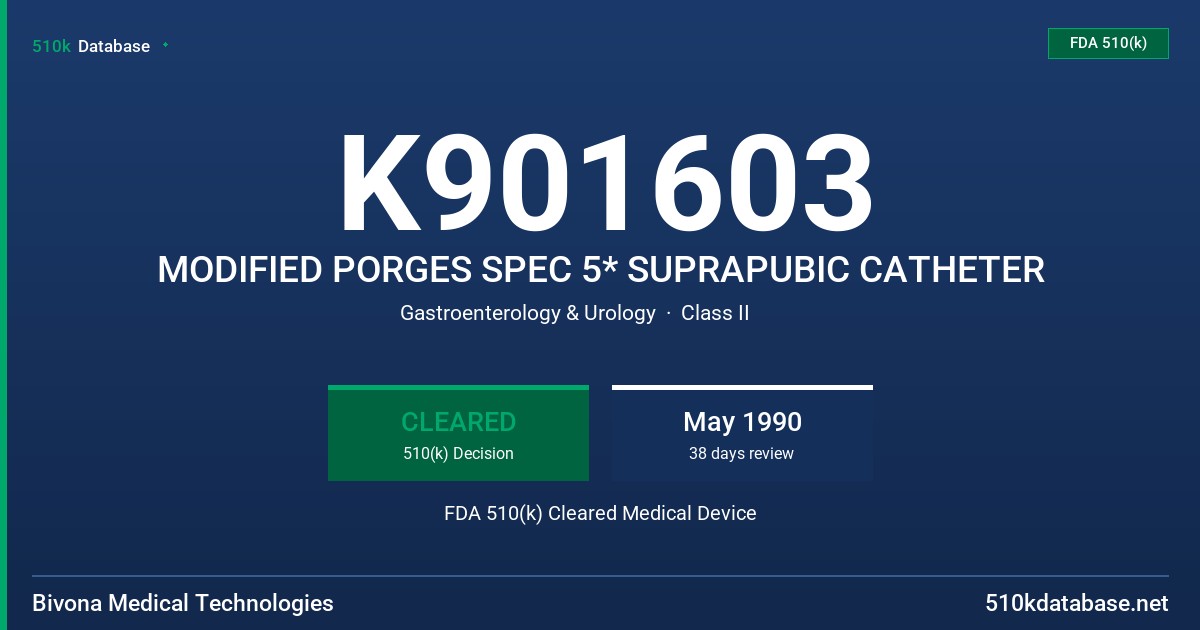 K901603 MODIFIED PORGES SPEC 5* SUPRAPUBIC CATHETER FDA 510(k) Cleared Medical Device