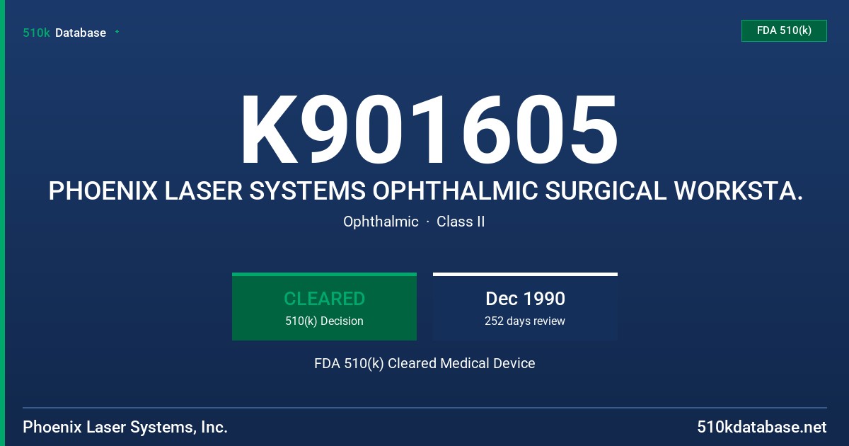 K901605 PHOENIX LASER SYSTEMS OPHTHALMIC SURGICAL WORKSTA. FDA 510(k) Cleared Medical Device