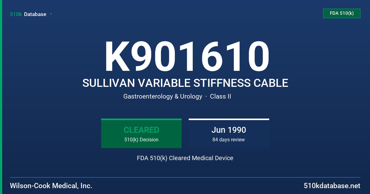 K901610 SULLIVAN VARIABLE STIFFNESS CABLE FDA 510(k) Cleared Medical Device