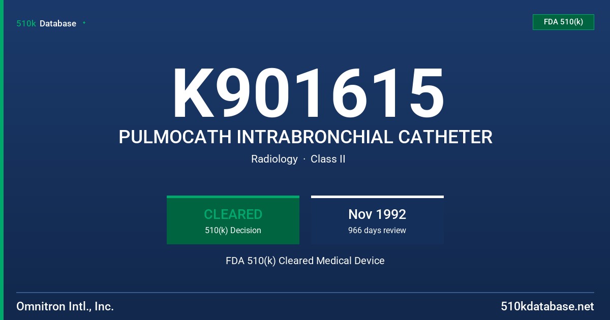 K901615 PULMOCATH INTRABRONCHIAL CATHETER FDA 510(k) Cleared Medical Device