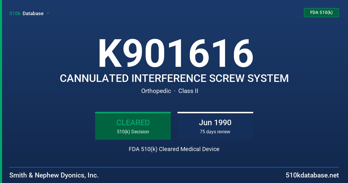 K901616 CANNULATED INTERFERENCE SCREW SYSTEM FDA 510(k) Cleared Medical Device