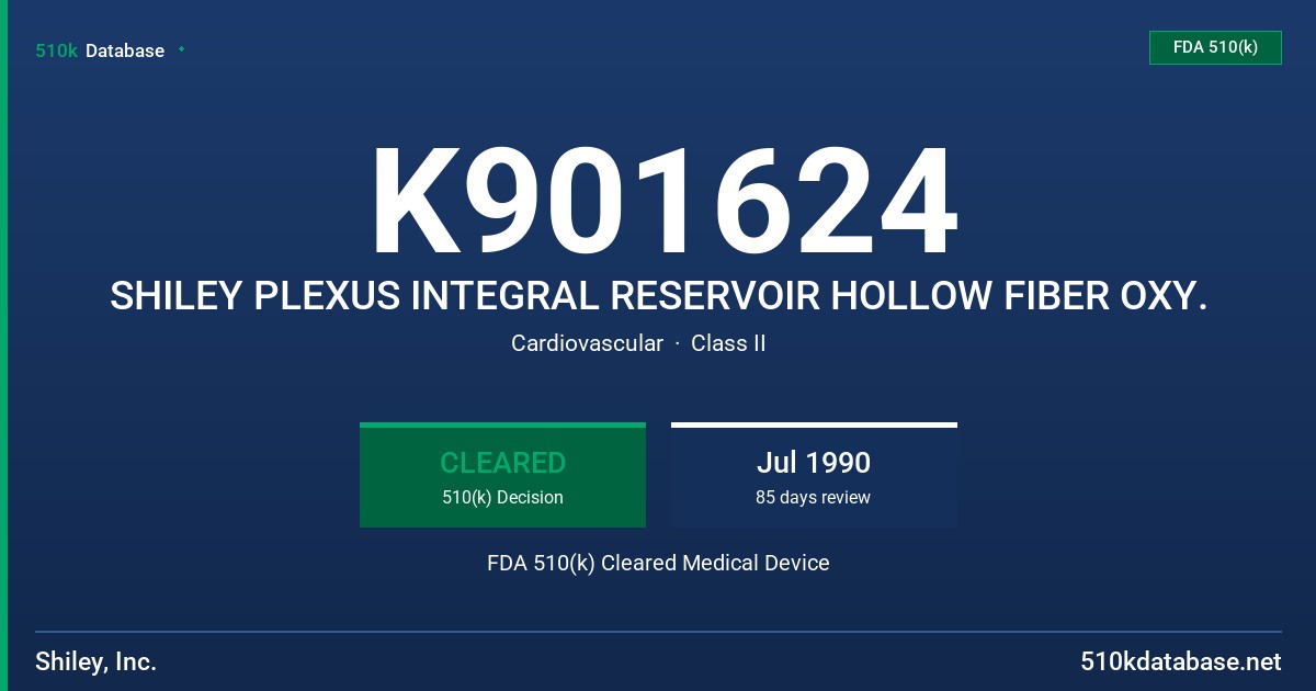 K901624 SHILEY PLEXUS INTEGRAL RESERVOIR HOLLOW FIBER OXY. FDA 510(k) Cleared Medical Device