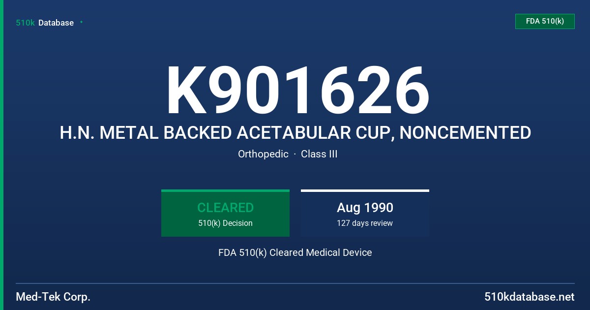 K901626 H.N. METAL BACKED ACETABULAR CUP, NONCEMENTED FDA 510(k) Cleared Medical Device