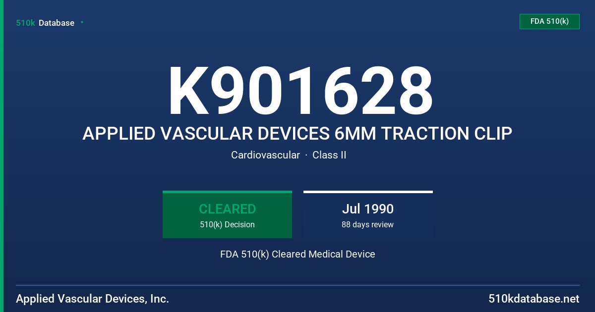 K901628 APPLIED VASCULAR DEVICES 6MM TRACTION CLIP FDA 510(k) Cleared Medical Device