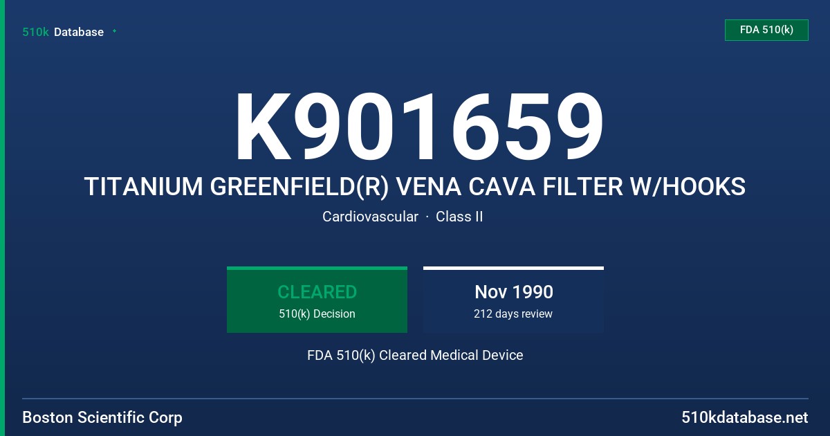 K901659 TITANIUM GREENFIELD(R) VENA CAVA FILTER W/HOOKS FDA 510(k) Cleared Medical Device