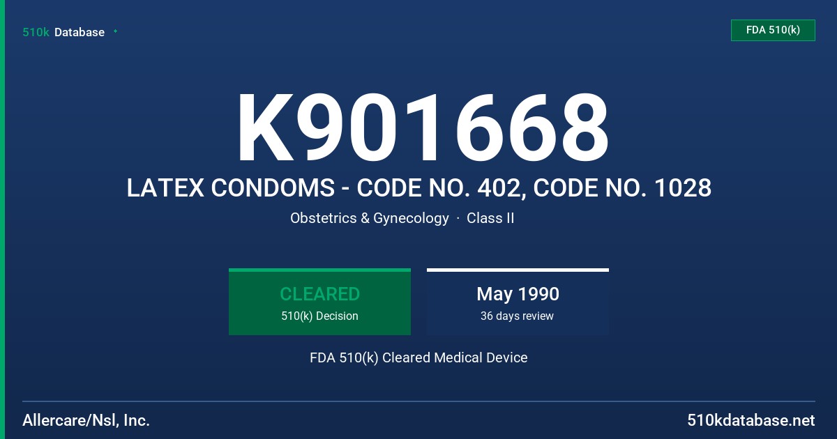 K901668 LATEX CONDOMS - CODE NO. 402, CODE NO. 1028 FDA 510(k) Cleared Medical Device