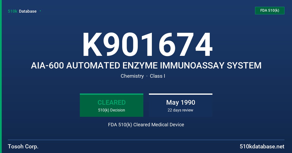 K901674 AIA-600 AUTOMATED ENZYME IMMUNOASSAY SYSTEM FDA 510(k) Cleared Medical Device