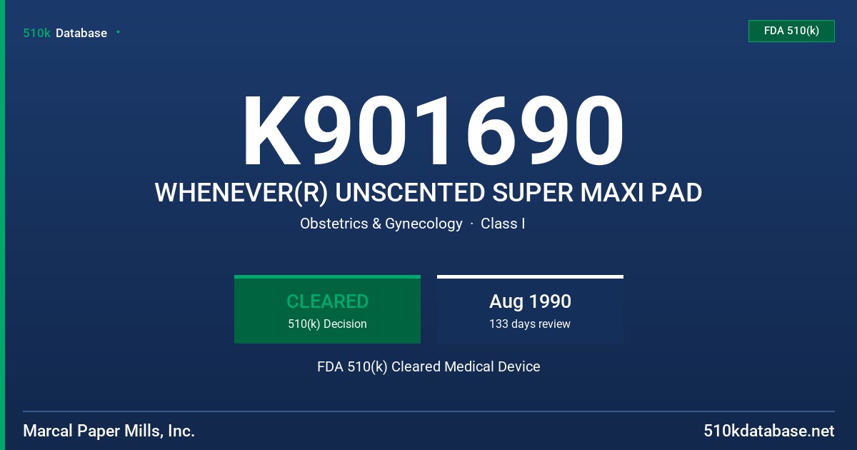 K901690 WHENEVER(R) UNSCENTED SUPER MAXI PAD FDA 510(k) Cleared Medical Device