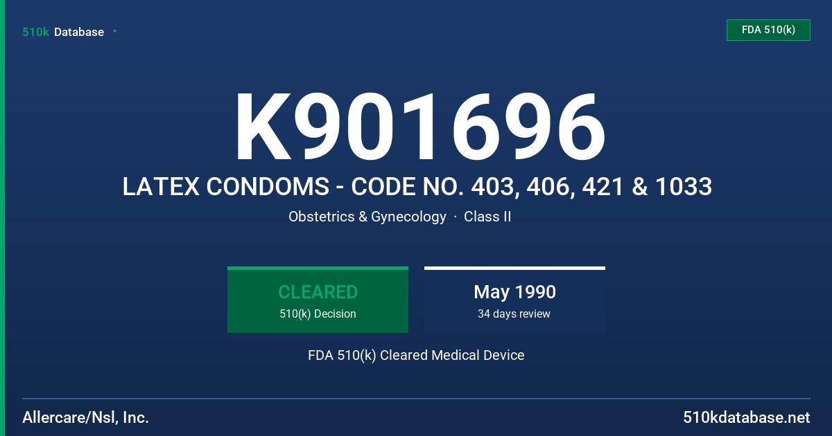 K901696 LATEX CONDOMS - CODE NO. 403, 406, 421 & 1033 FDA 510(k) Cleared Medical Device