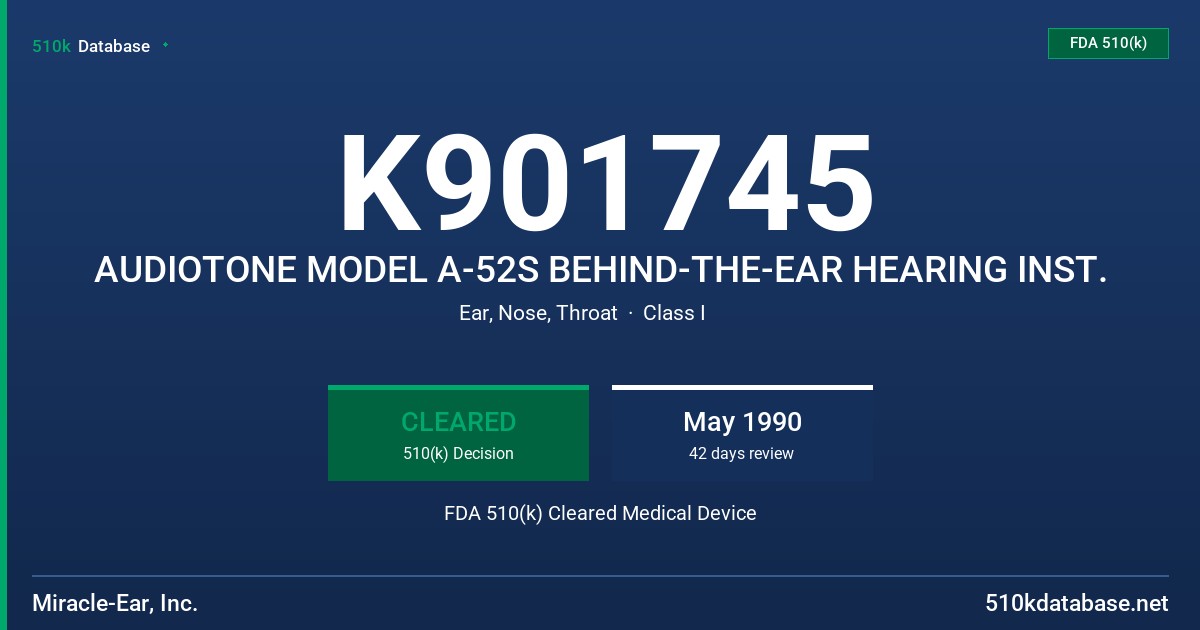 K901745 AUDIOTONE MODEL A-52S BEHIND-THE-EAR HEARING INST. FDA 510(k) Cleared Medical Device