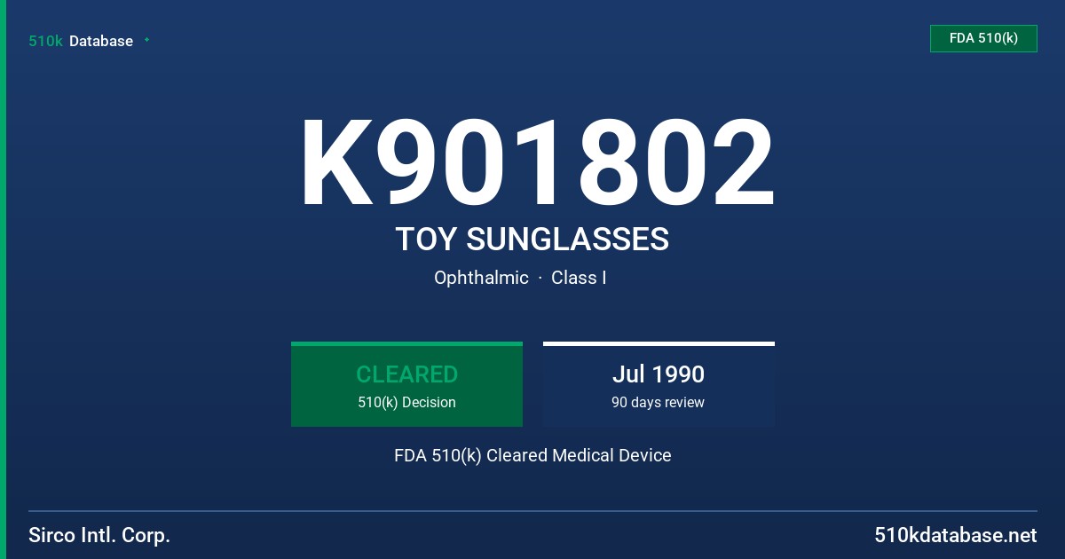 K901802 TOY SUNGLASSES FDA 510(k) Cleared Medical Device