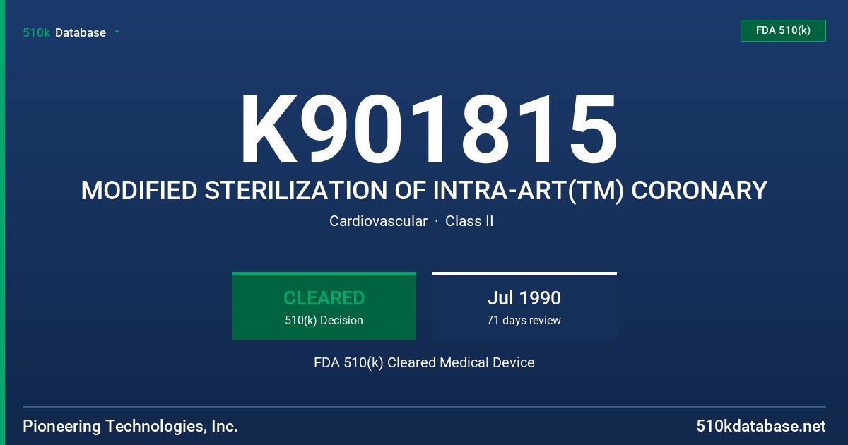 K901815 MODIFIED STERILIZATION OF INTRA-ART(TM) CORONARY FDA 510(k) Cleared Medical Device