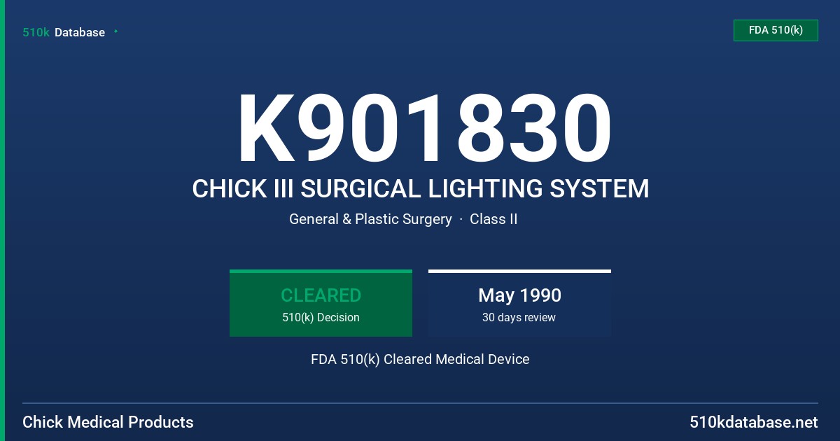 K901830 CHICK III SURGICAL LIGHTING SYSTEM FDA 510(k) Cleared Medical Device