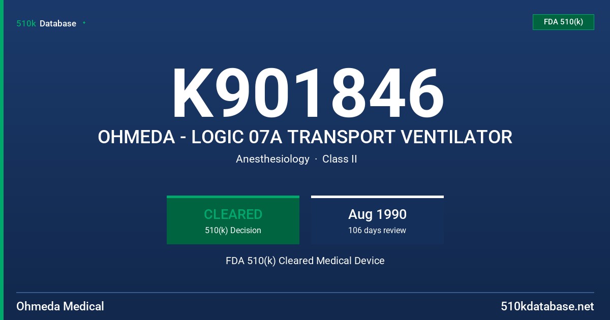 K901846 OHMEDA - LOGIC 07A TRANSPORT VENTILATOR FDA 510(k) Cleared Medical Device