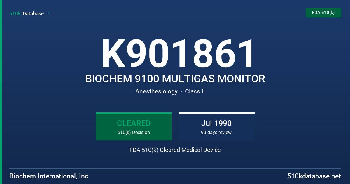 K901861 BIOCHEM 9100 MULTIGAS MONITOR FDA 510(k) Cleared Medical Device