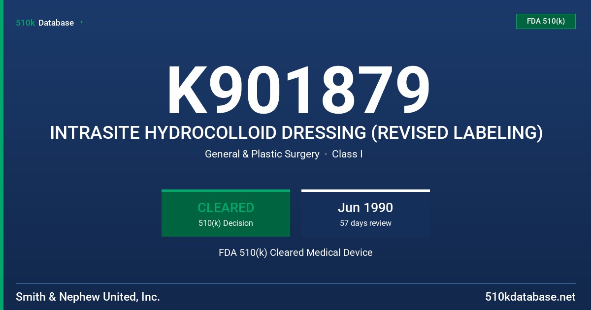 K901879 INTRASITE HYDROCOLLOID DRESSING (REVISED LABELING) FDA 510(k) Cleared Medical Device