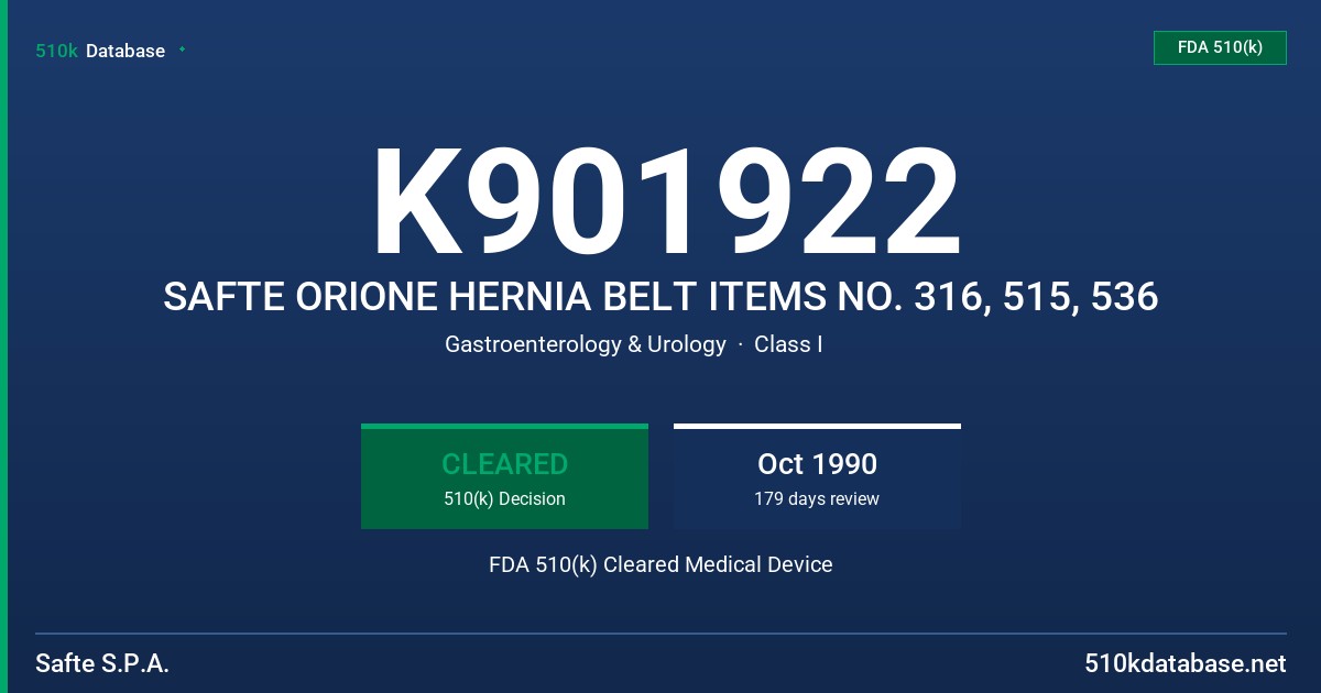 K901922 SAFTE ORIONE HERNIA BELT ITEMS NO. 316, 515, 536 FDA 510(k) Cleared Medical Device