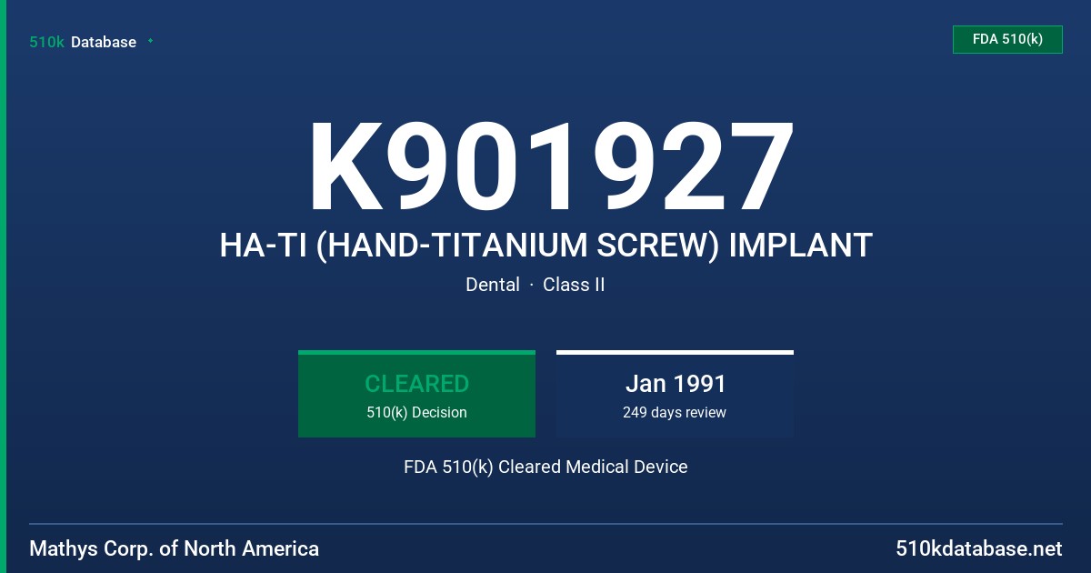 K901927 HA-TI (HAND-TITANIUM SCREW) IMPLANT FDA 510(k) Cleared Medical Device