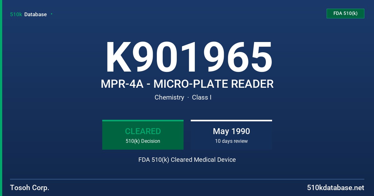 K901965 MPR-4A - MICRO-PLATE READER FDA 510(k) Cleared Medical Device