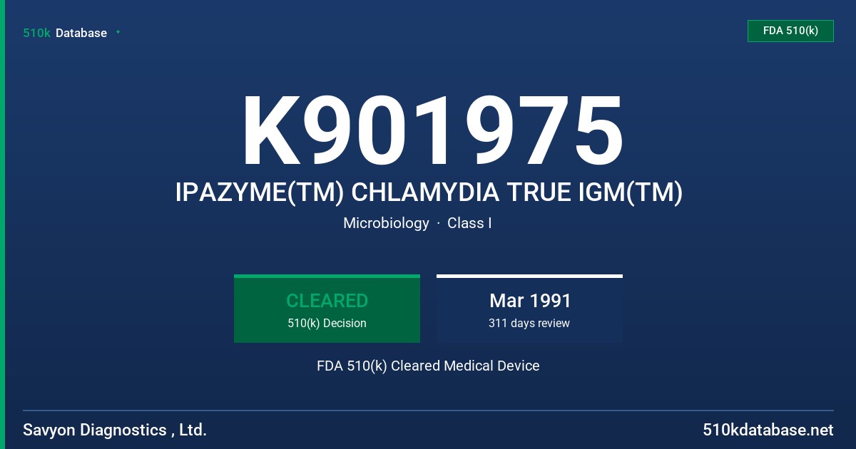 K901975 IPAZYME(TM) CHLAMYDIA TRUE IGM(TM) FDA 510(k) Cleared Medical Device