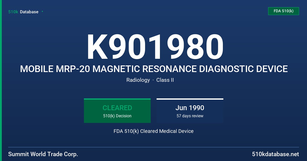 K901980 MOBILE MRP-20 MAGNETIC RESONANCE DIAGNOSTIC DEVICE FDA 510(k) Cleared Medical Device