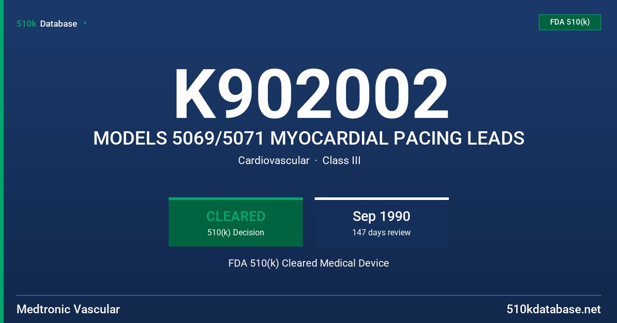 K902002 MODELS 5069/5071 MYOCARDIAL PACING LEADS FDA 510(k) Cleared Medical Device