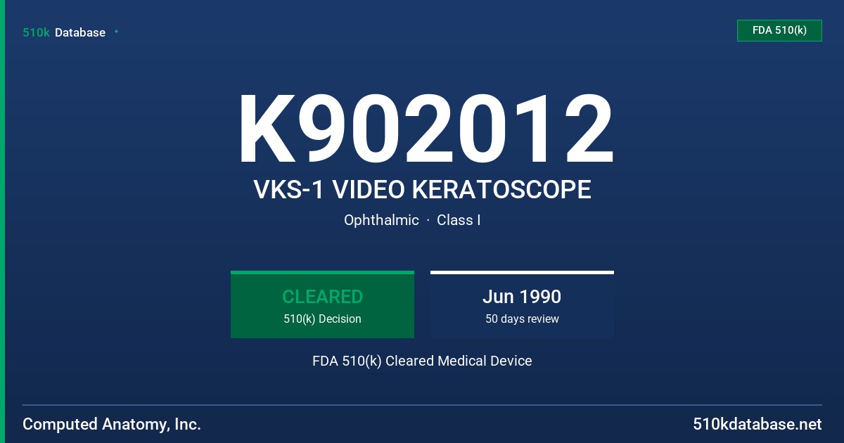 K902012 VKS-1 VIDEO KERATOSCOPE FDA 510(k) Cleared Medical Device