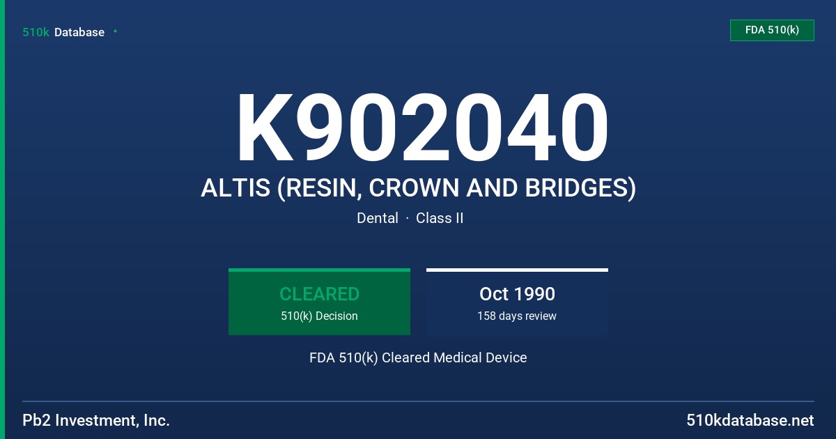K902040 ALTIS (RESIN, CROWN AND BRIDGES) FDA 510(k) Cleared Medical Device
