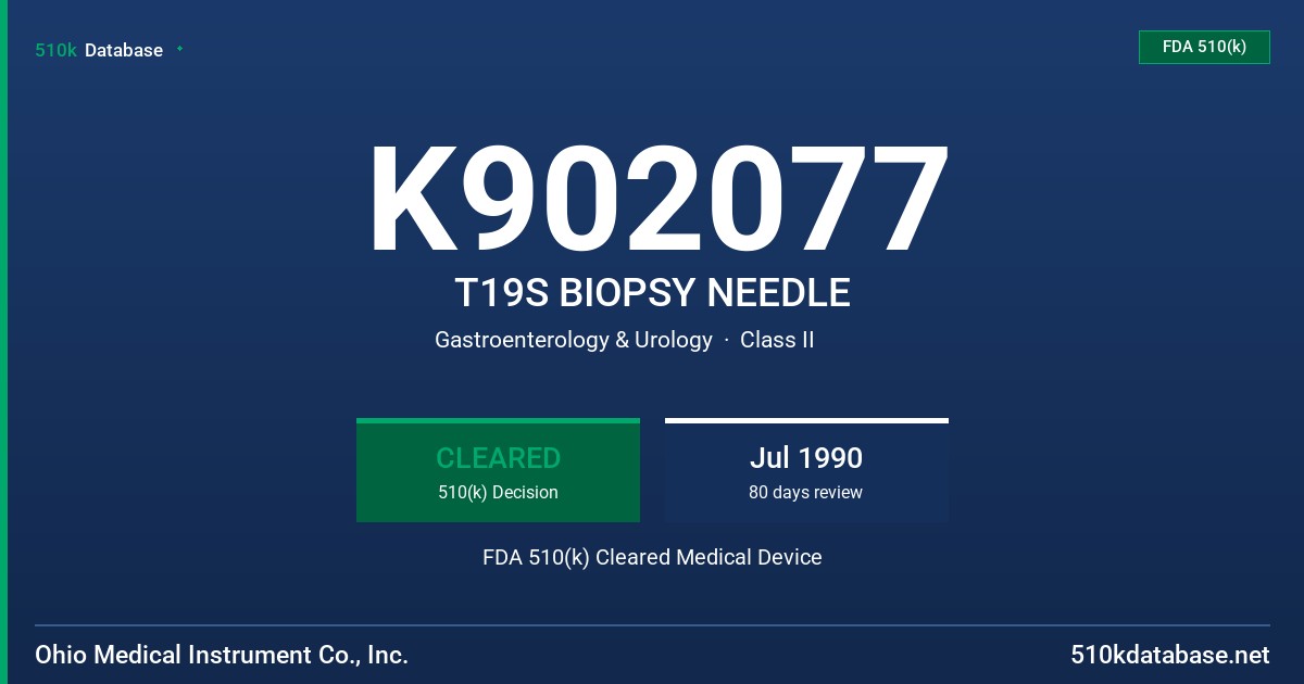 K902077 T19S BIOPSY NEEDLE FDA 510(k) Cleared Medical Device