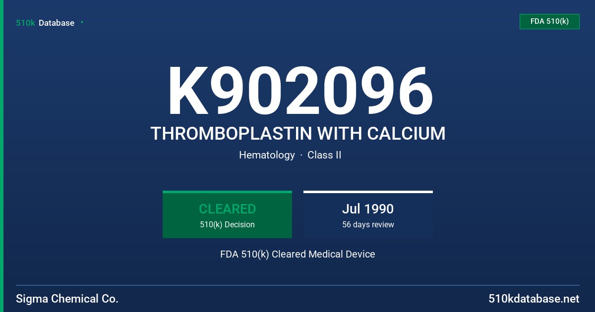 K902096 THROMBOPLASTIN WITH CALCIUM FDA 510(k) Cleared Medical Device
