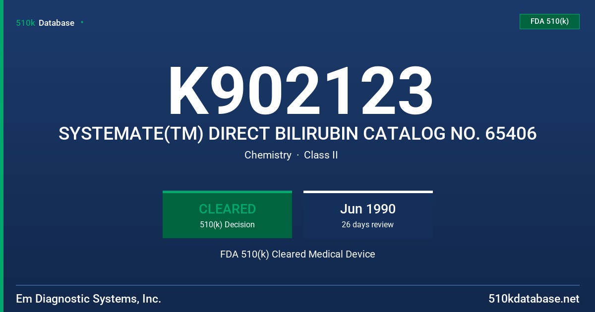 K902123 SYSTEMATE(TM) DIRECT BILIRUBIN CATALOG NO. 65406 FDA 510(k) Cleared Medical Device