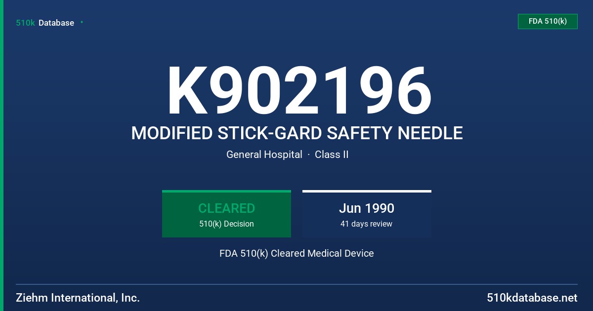K902196 MODIFIED STICK-GARD SAFETY NEEDLE FDA 510(k) Cleared Medical Device