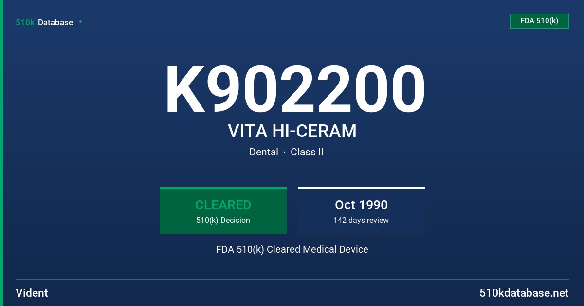 K902200 VITA HI-CERAM FDA 510(k) Cleared Medical Device