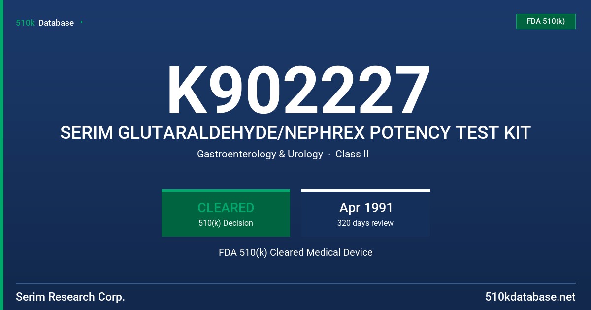 K902227 SERIM GLUTARALDEHYDE/NEPHREX POTENCY TEST KIT FDA 510(k) Cleared Medical Device