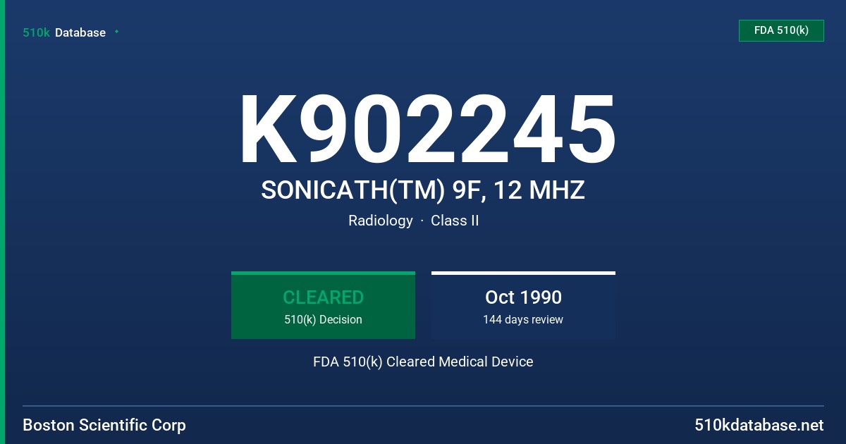 K902245 SONICATH(TM) 9F, 12 MHZ FDA 510(k) Cleared Medical Device